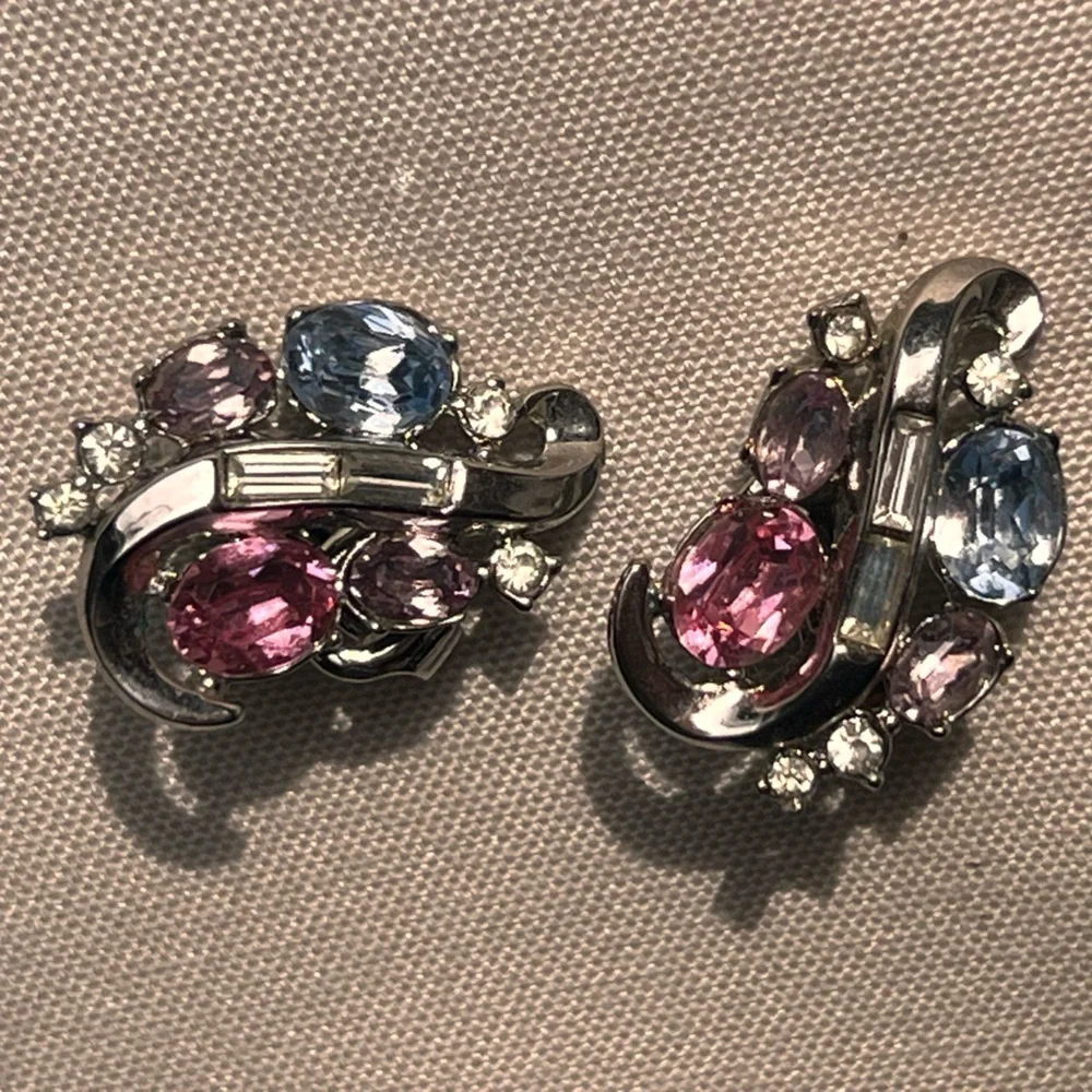 Alfred Philippe Crown Trifari multi stone pink blue stone silver Earrings